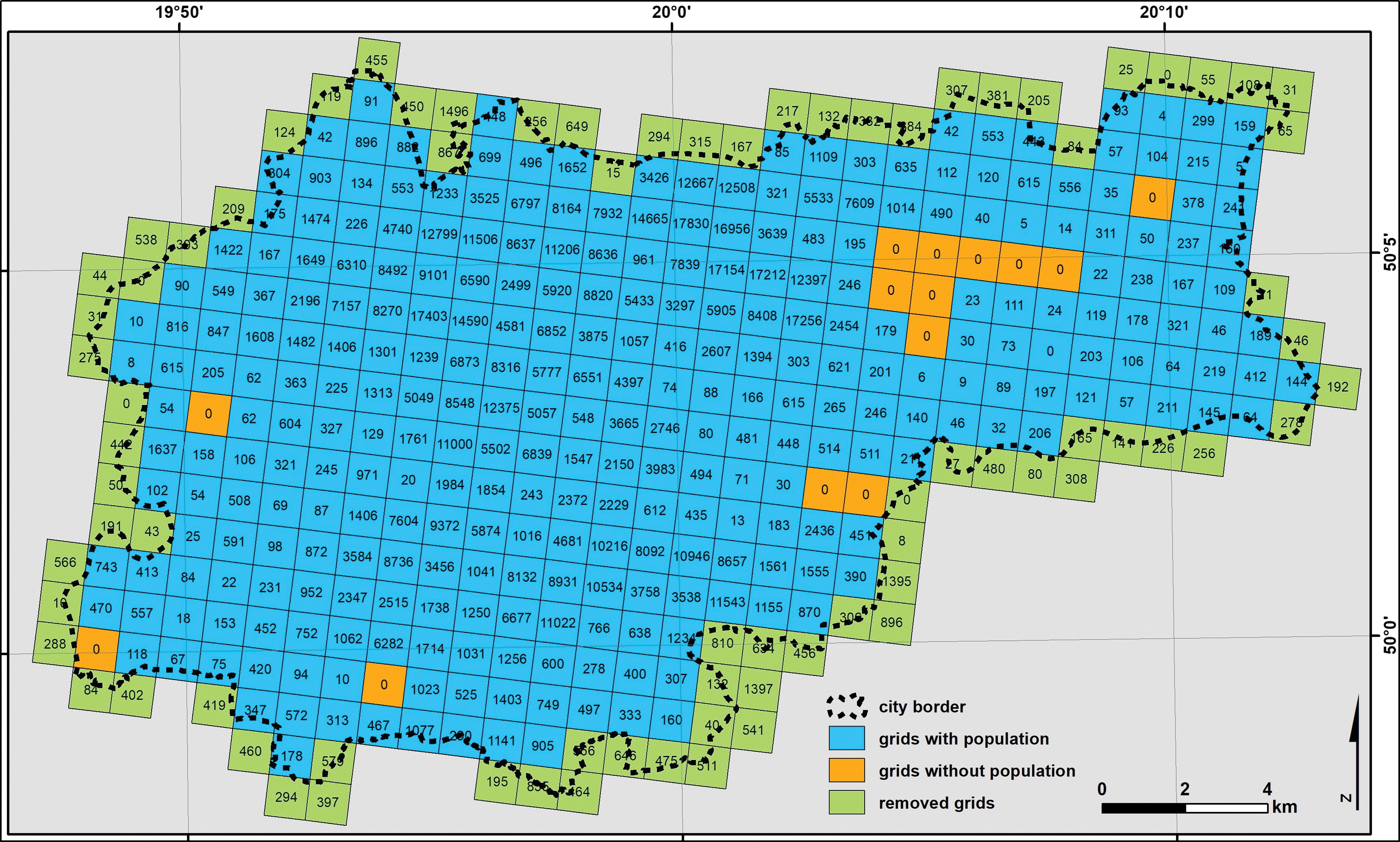 1 × 1 km grid cells with population data