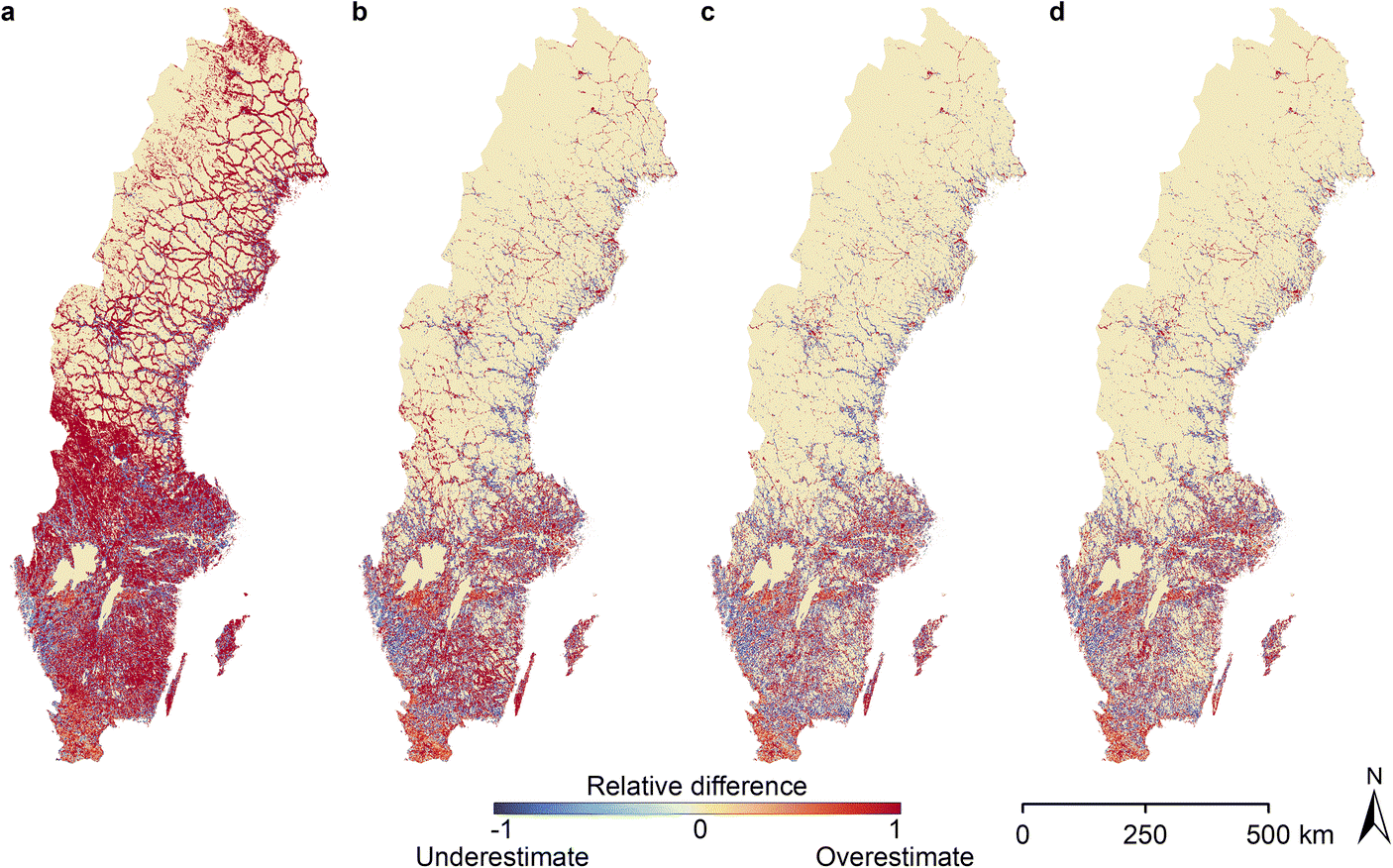 Relative difference between LandScan estimated population and the known population. a LandScan 2000, b LandScan 2005, c LandScan 2010, d LandScan 2015